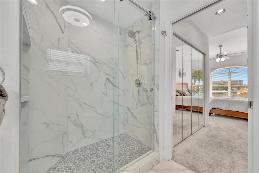 Bathroom, Bedroom, Glass Shower, Interior, Marble, Marble Walls, Recessed Lighting
