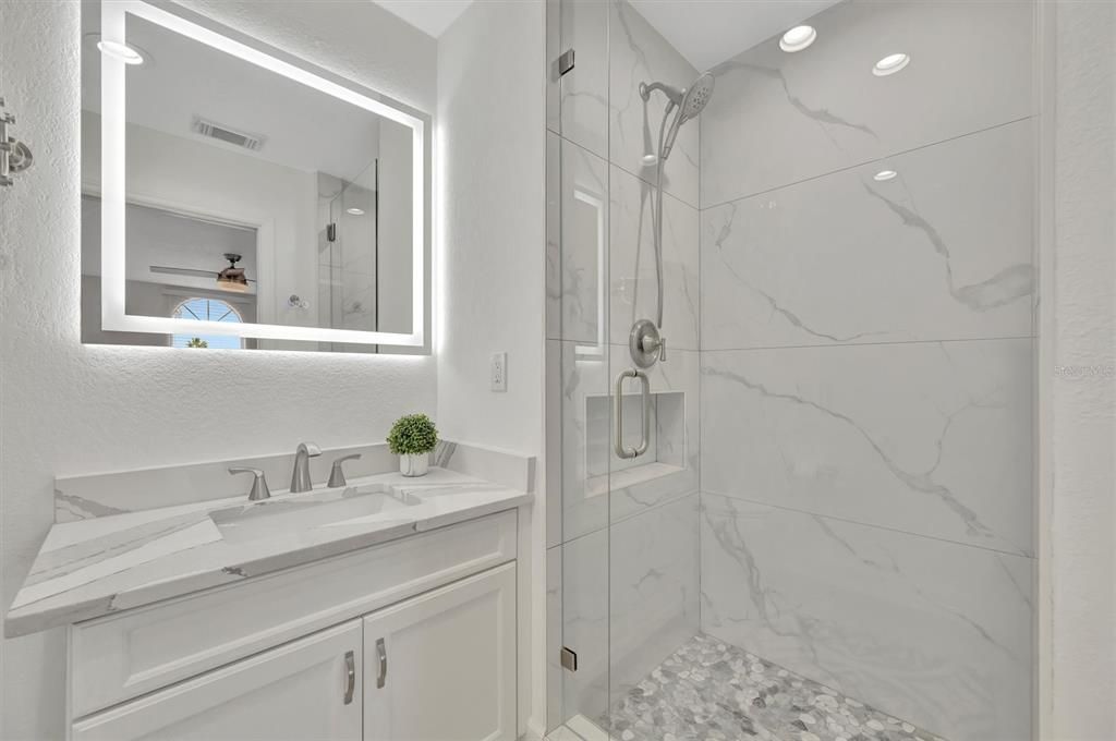 Bathroom, Glass Shower, Interior, Marble Walls, Recessed Lighting