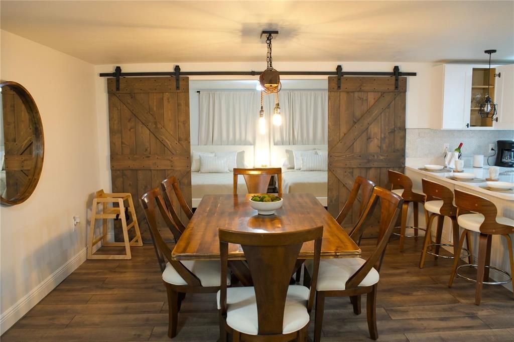 Dining room, Interior, Pendant Lights, Wood Texture Flooring