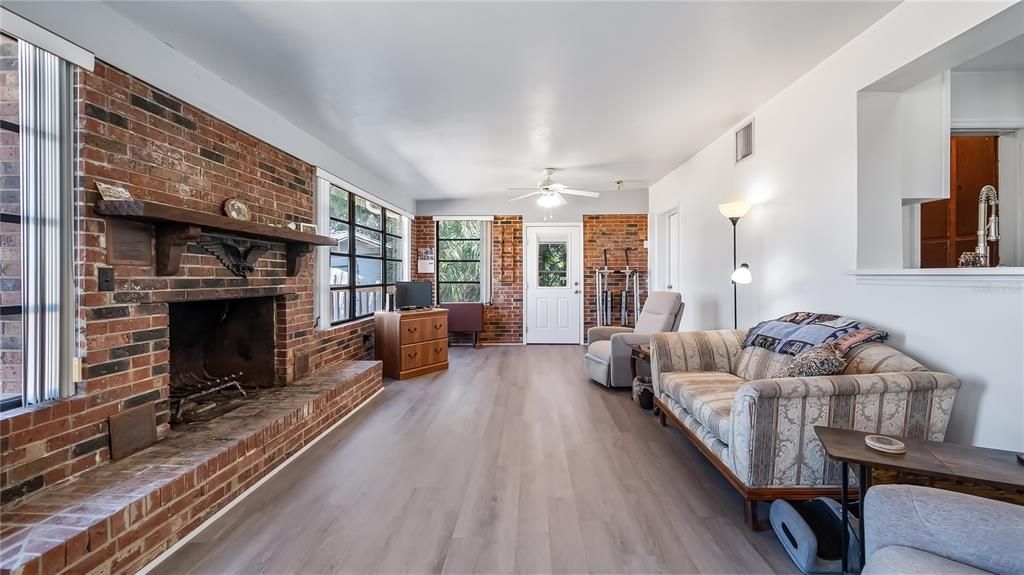 Fireplace, Interior, Living room, Stone Walls, Wood Texture Flooring