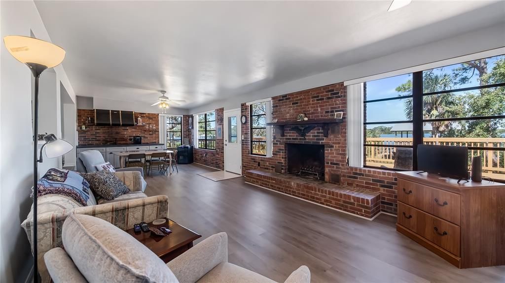Dining room, Fireplace, Interior, Living room, Stone Walls, Wood Texture Flooring