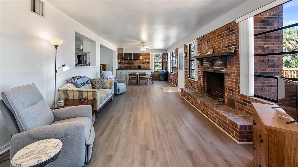 Fireplace, Interior, Living room, Stone Walls, Wood Texture Flooring