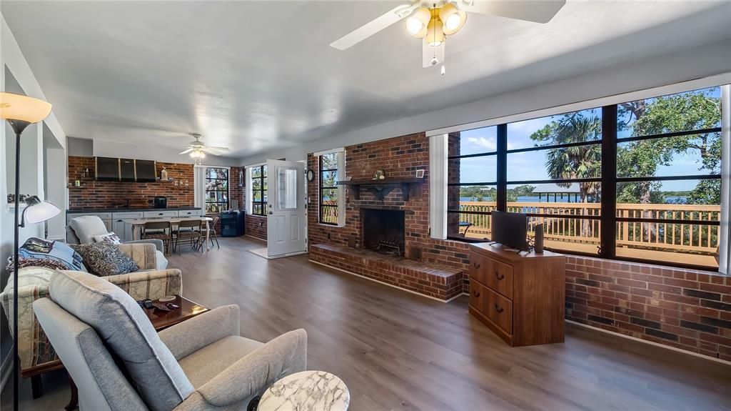 Dining room, Fireplace, Interior, Living room, Stone Walls, Wood Texture Flooring