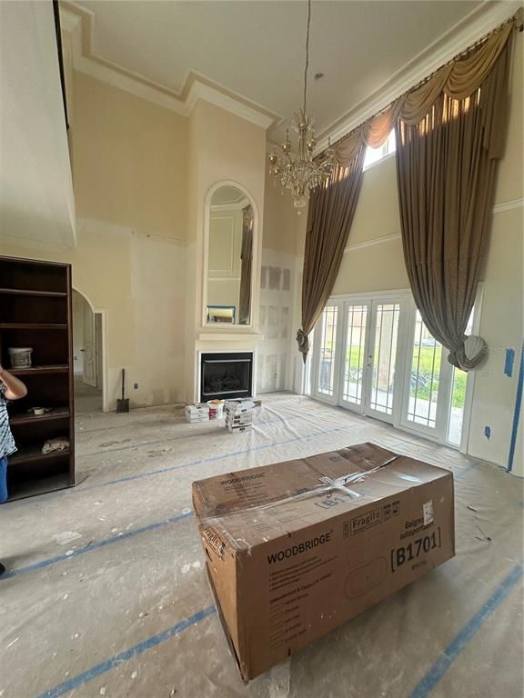 Chandelier, Fireplace, Interior