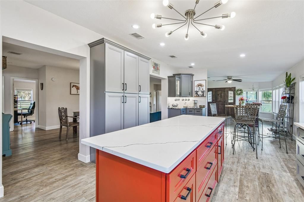 Dining room, Interior, Kitchen, Pendant Lights, Recessed Lighting, Wood Texture Flooring
