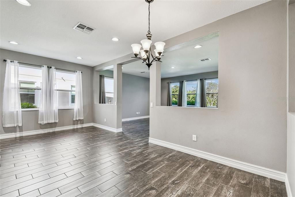Chandelier, Empty room, Interior, Recessed Lighting, Wood Texture Flooring