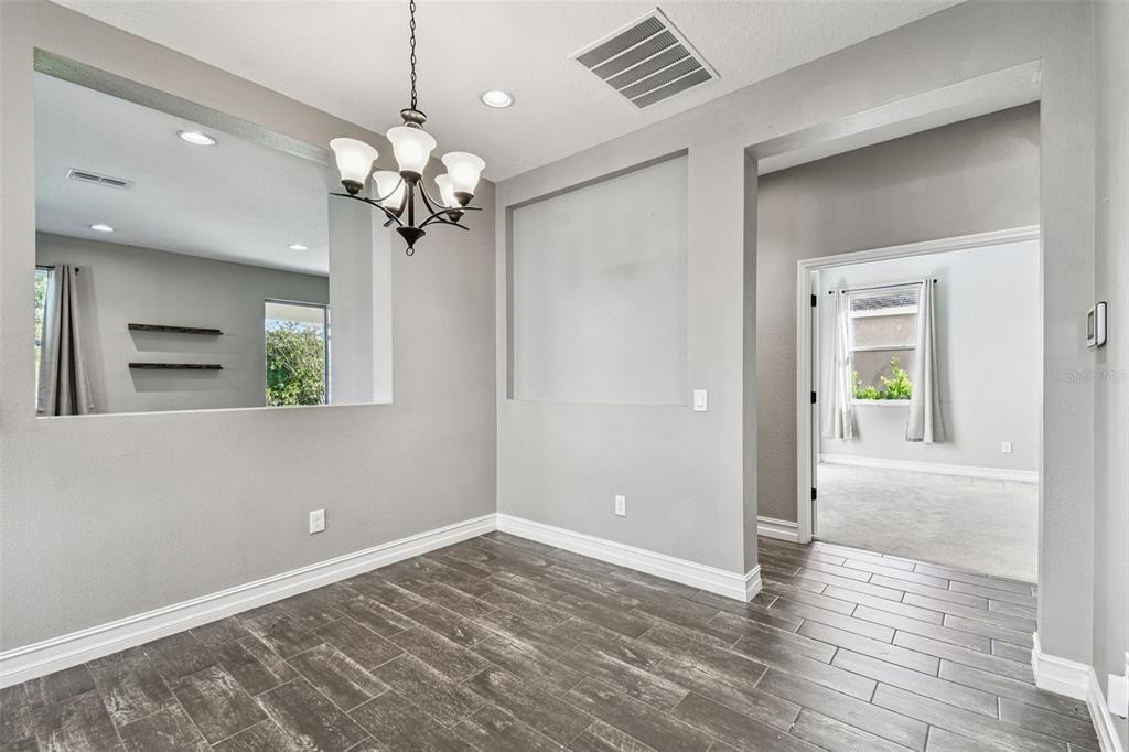 Chandelier, Empty room, Interior, Recessed Lighting, Wood Texture Flooring