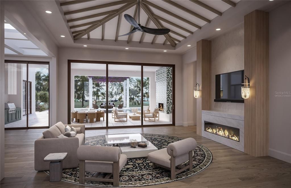 Fireplace, Interior, Living room, Recessed Lighting, Wooden Beams, Wood Texture Flooring