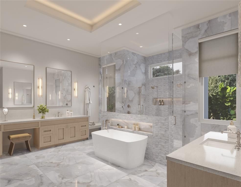 Bathroom, Dual Sink Vanities, Free Standing Baths, Glass Shower, Interior, Marble, Marble Walls, Recessed Lighting