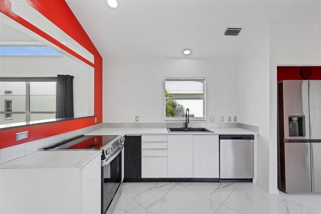 Interior, Kitchen, Marble, Recessed Lighting, Stainless Steel Appliances