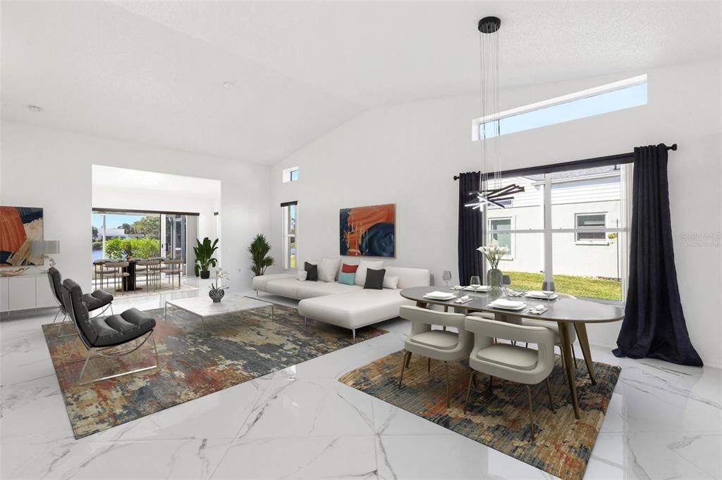 Dining room, Interior, Living room, Marble, Pendant Lights, Water