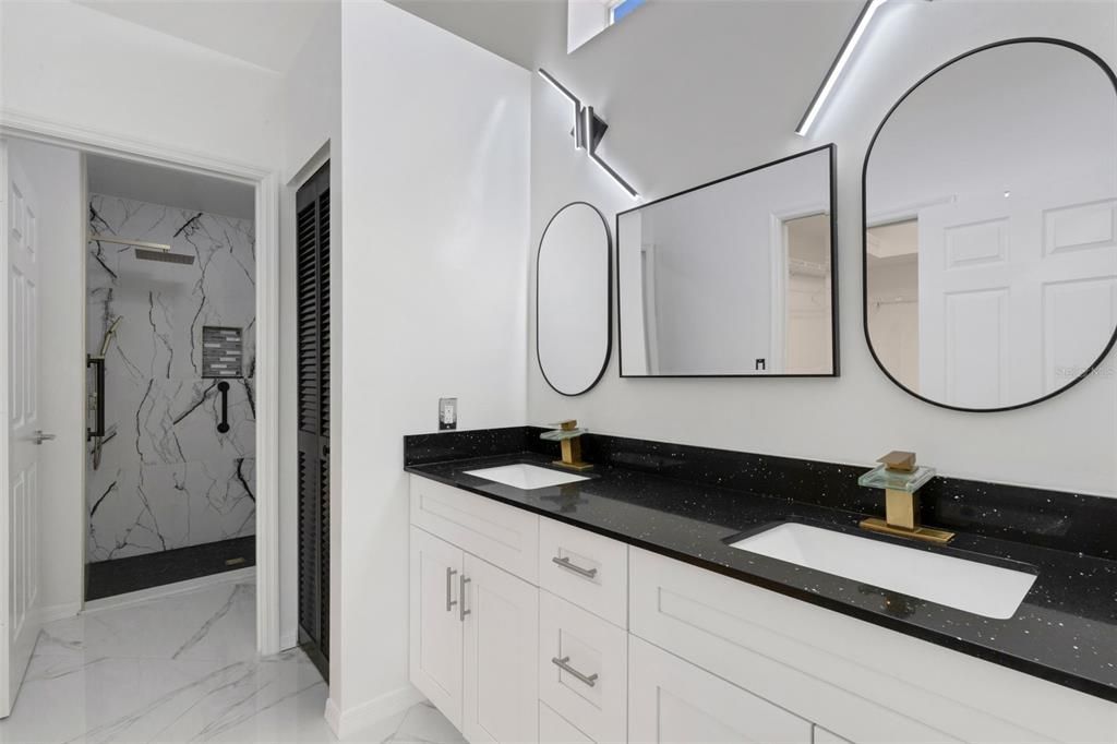 Bathroom, Dual Sink Vanities, Interior, Marble, Marble Walls