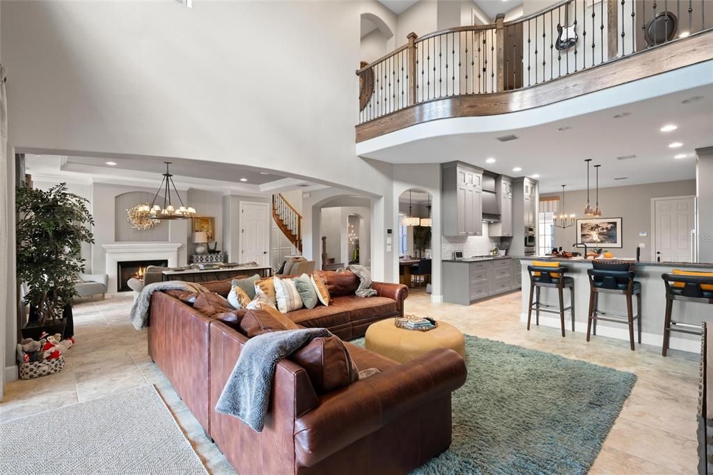 Chandelier, Fireplace, Interior, Kitchen, Living room, Pendant Lights, Recessed Lighting