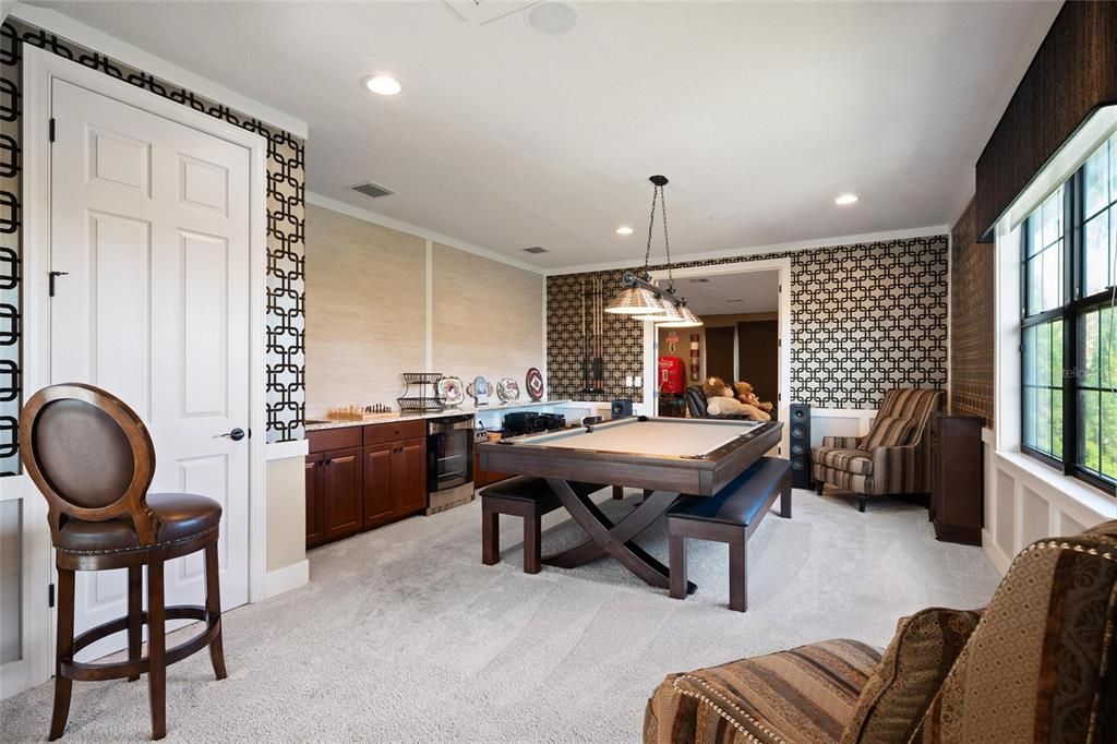 Billiard Table, Game Room, Interior, Pendant Lights, Recessed Lighting, Stone Walls