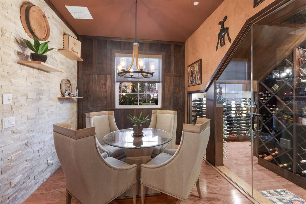 Dining room, Interior, Pendant Lights, Stone Walls, Wine Storage, Wood Texture Flooring