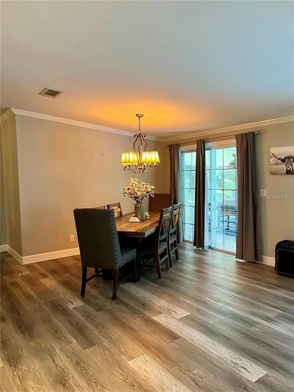 Chandelier, Dining room, Interior, Pendant Lights, Wood Texture Flooring