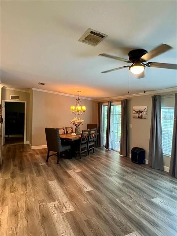 Chandelier, Dining room, Interior, Wood Texture Flooring