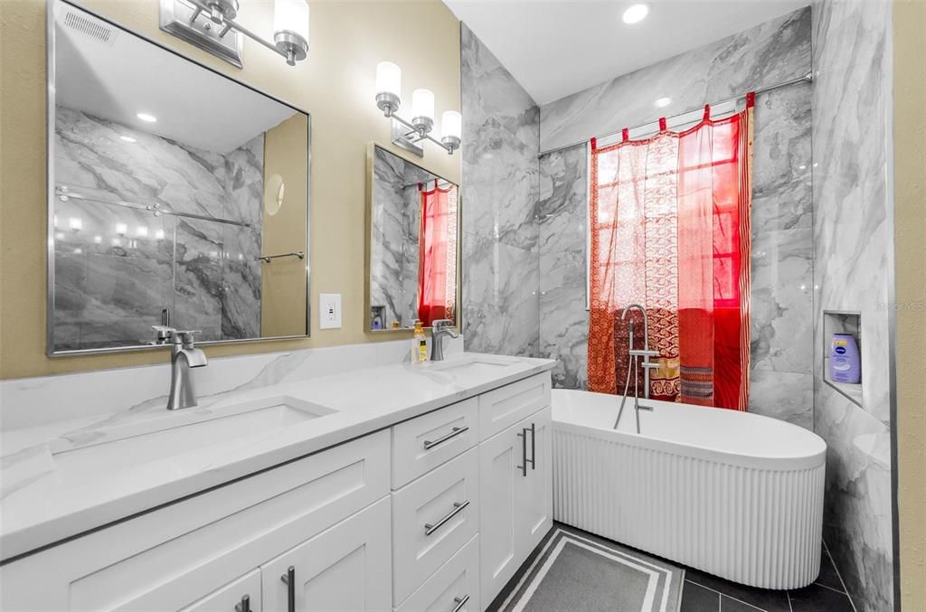 Bathroom, Dual Sink Vanities, Interior, Marble Walls, Recessed Lighting
