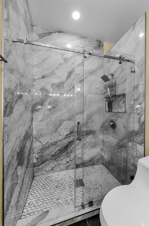 Bathroom, Glass Shower, Interior, Marble Walls, Recessed Lighting