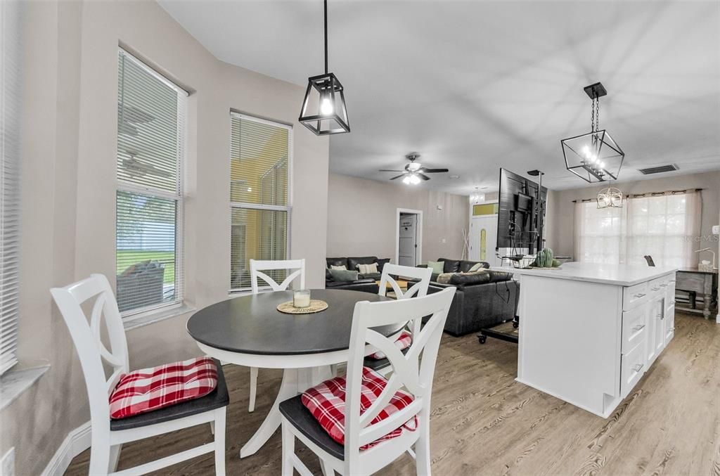 Dining room, Interior, Kitchen, Living room, Pendant Lights, Wood Texture Flooring