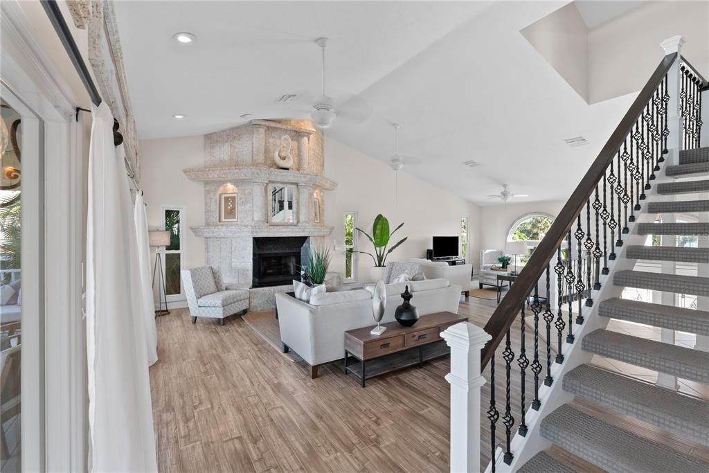 Fireplace, Interior, Living room, Recessed Lighting, Wood Texture Flooring