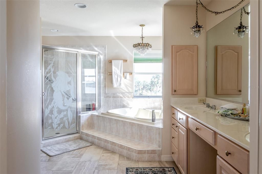 Bathroom, Chandelier, Glass Shower, Interior, Recessed Lighting