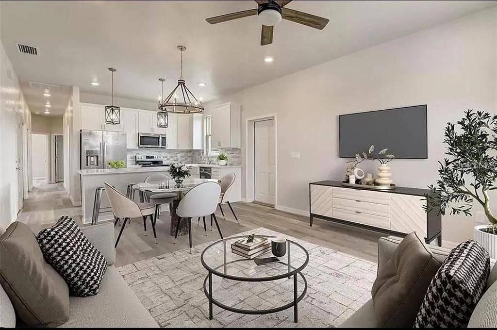 Dining room, Interior, Kitchen, Pendant Lights, Recessed Lighting, Stainless Steel Appliances, Wood Texture Flooring