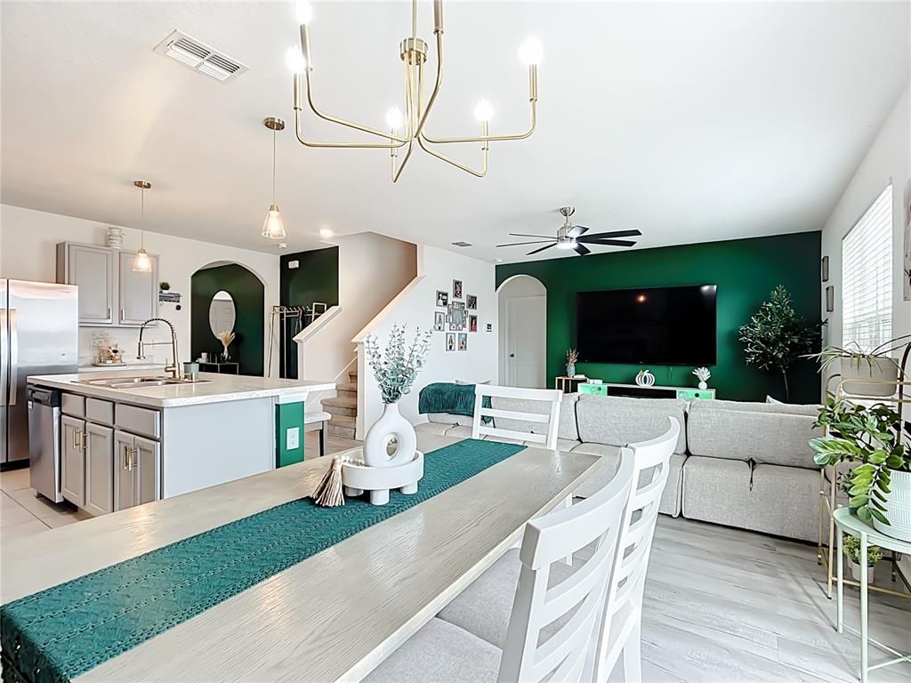 Chandelier, Dining room, Interior, Kitchen, Living room, Pendant Lights, Wood Texture Flooring