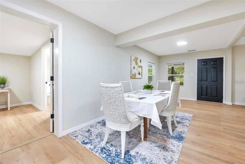 Dining room, Interior, Recessed Lighting, Wood Texture Flooring