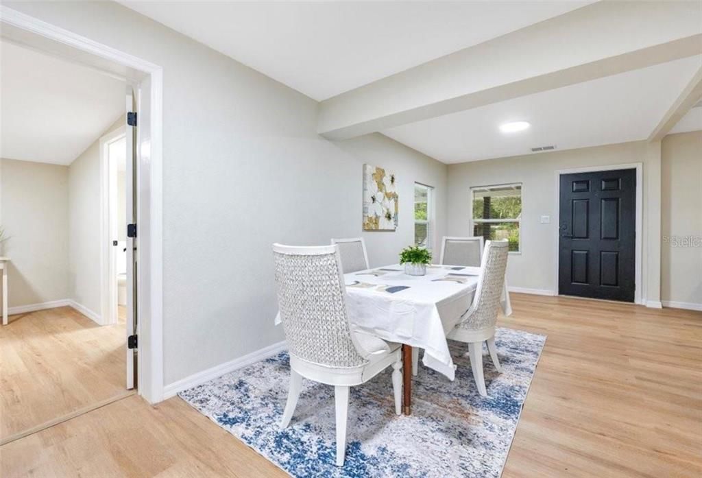 Dining room, Interior, Recessed Lighting, Wood Texture Flooring
