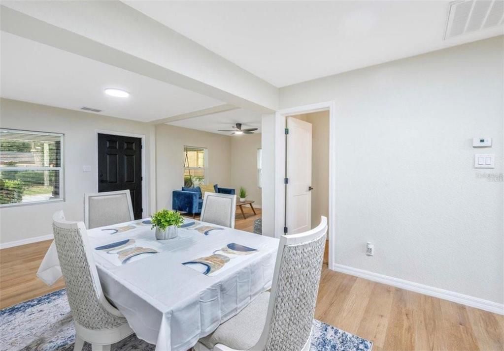 Dining room, Interior, Recessed Lighting, Wood Texture Flooring