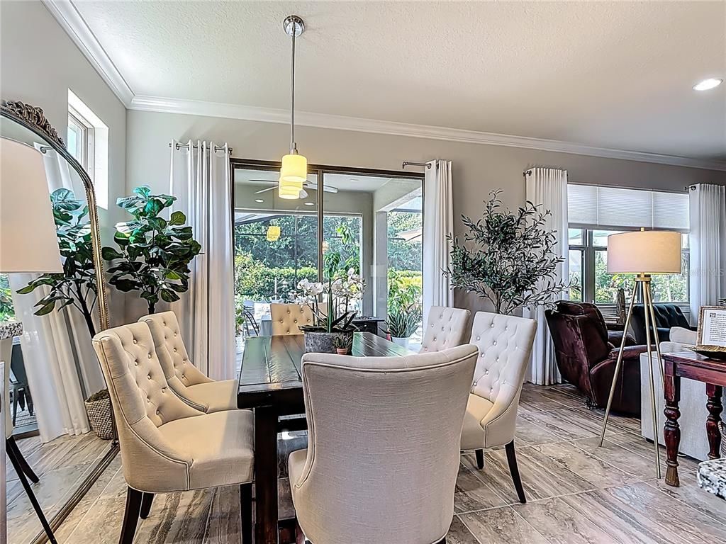 Dining room, Interior, Pendant Lights, Recessed Lighting, Wood Texture Flooring