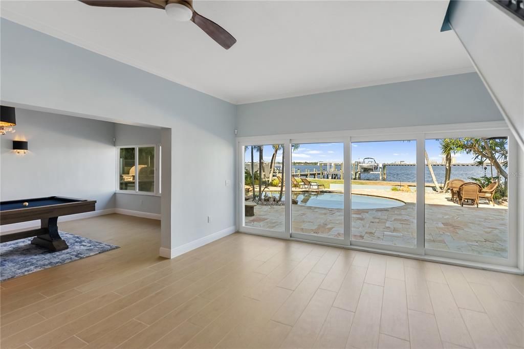 Billiard Table, Empty room, Game Room, Interior, Water, Wood Texture Flooring