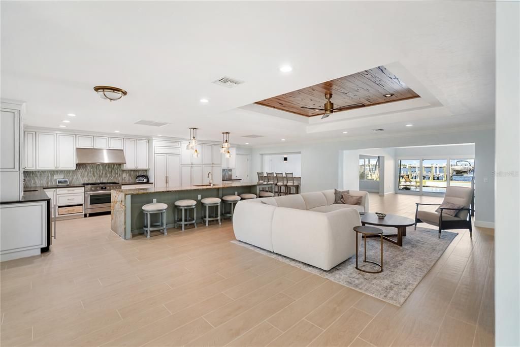 Interior, Kitchen, Living room, Pendant Lights, Recessed Lighting, Stainless Steel Appliances, Wooden Ceilings, Wood Texture Flooring