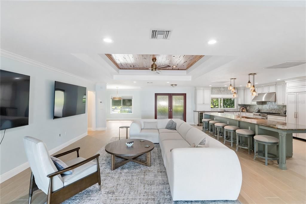 Interior, Kitchen, Living room, Pendant Lights, Recessed Lighting, Stainless Steel Appliances, Wooden Ceilings, Wood Texture Flooring