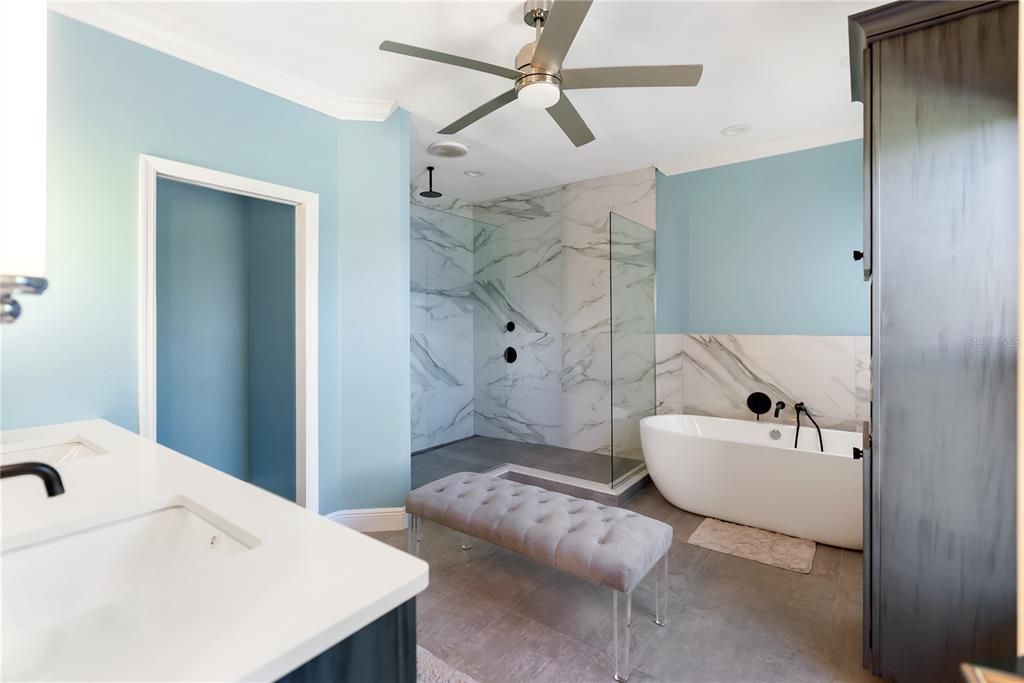 Bathroom, Free Standing Baths, Interior, Marble Walls, Recessed Lighting
