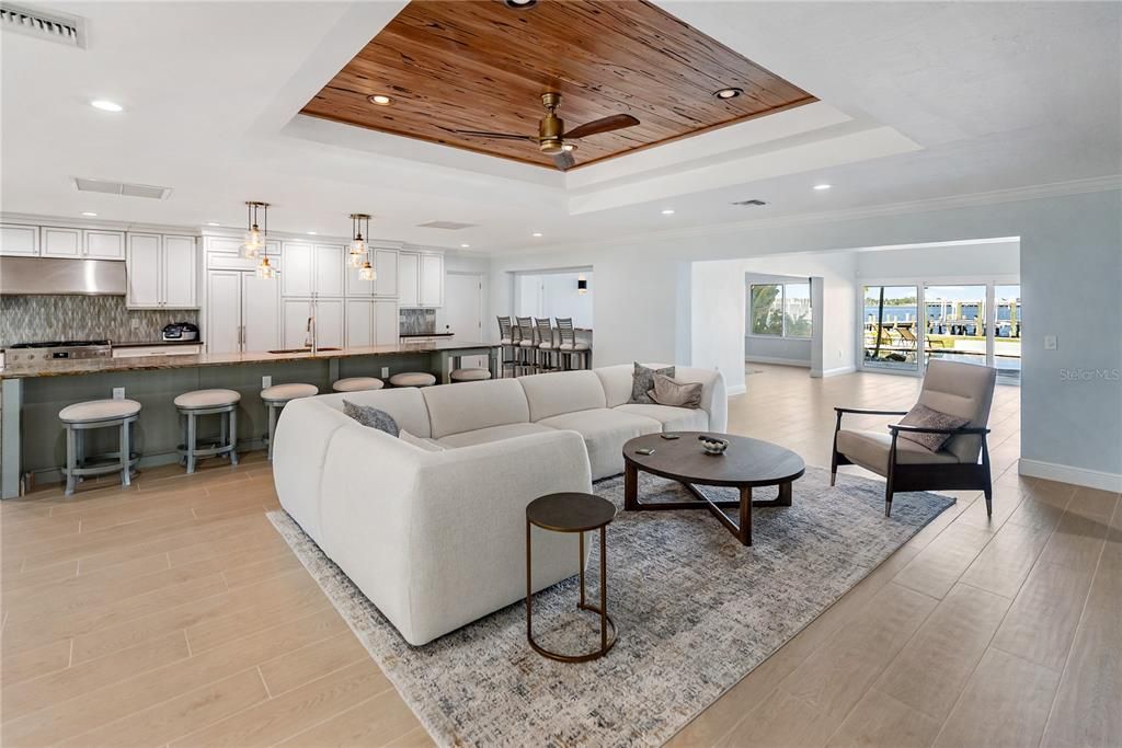 Interior, Kitchen, Living room, Pendant Lights, Recessed Lighting, Stainless Steel Appliances, Wooden Ceilings, Wood Texture Flooring