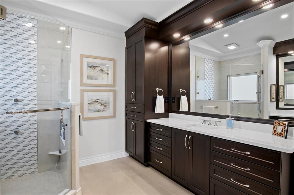 Bathroom, Dual Sink Vanities, Glass Shower, Interior, Recessed Lighting