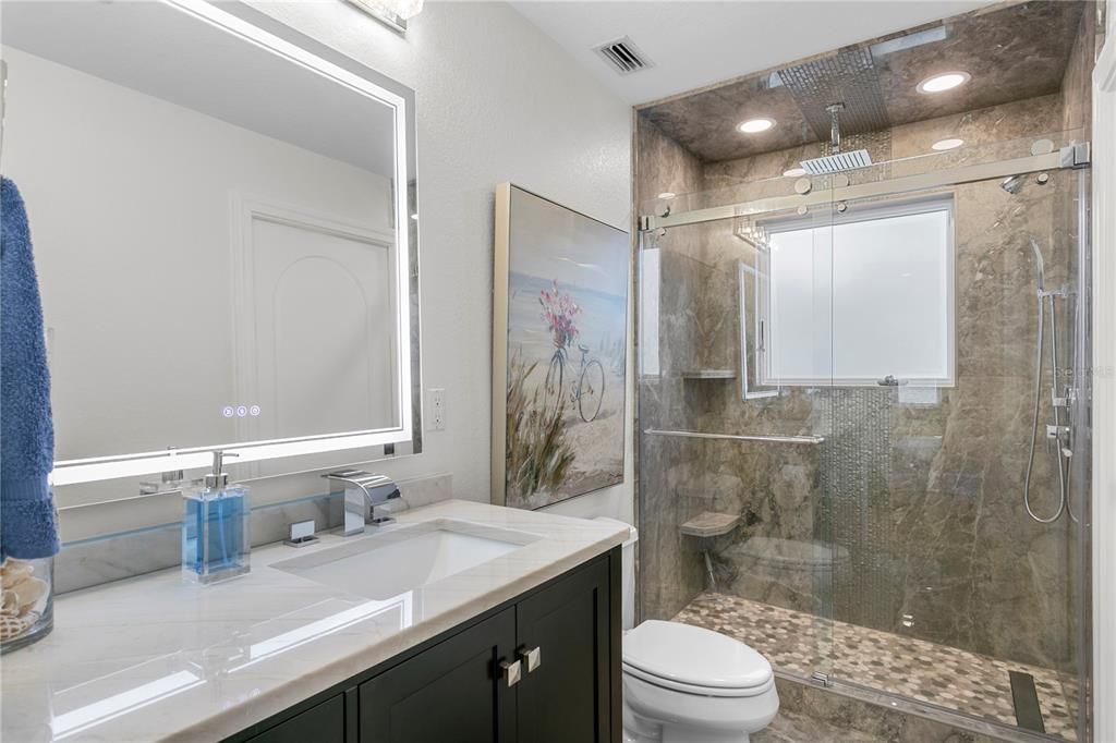 Bathroom, Glass Shower, Interior, Recessed Lighting, Tile Countertops