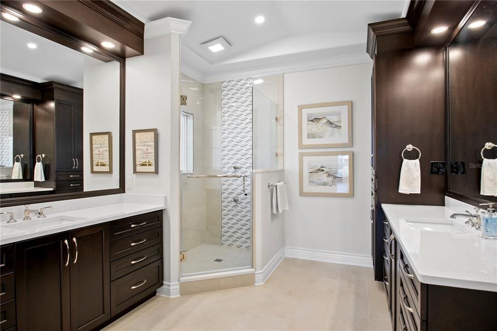 Bathroom, Dual Sink Vanities, Glass Shower, Interior, Recessed Lighting