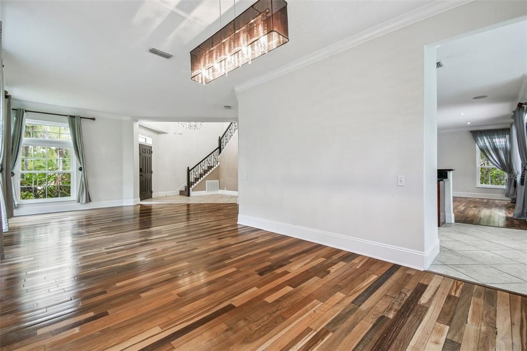 Empty room, Interior, Pendant Lights, Recessed Lighting, Wood Texture Flooring
