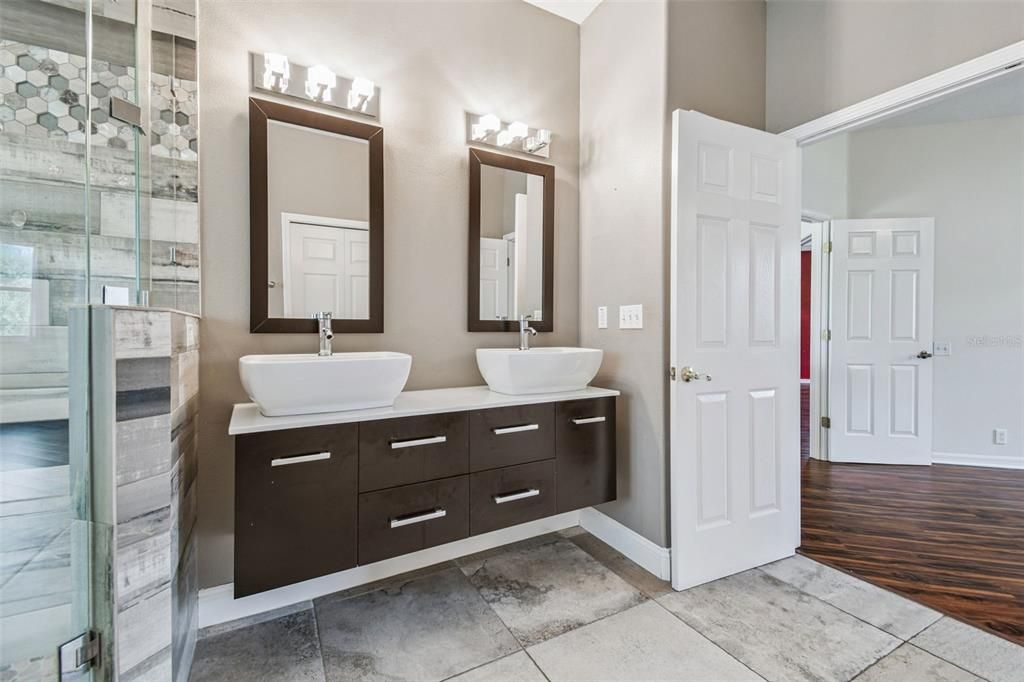 Bathroom, Dual Sink Vanities, Glass Shower, Interior, Wood Texture Flooring