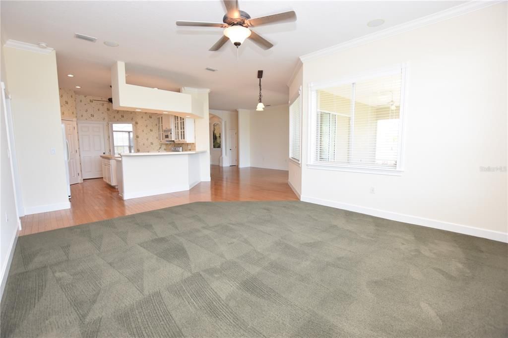 Empty room, Interior, Kitchen, Pendant Lights, Recessed Lighting, Wood Texture Flooring