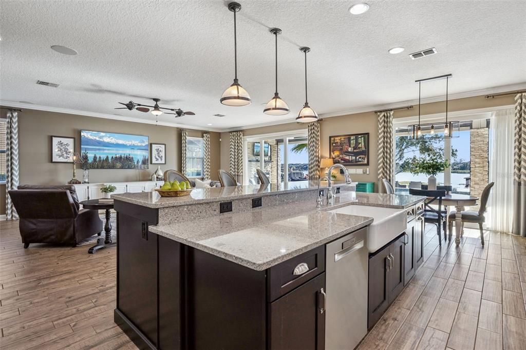 Dining room, Interior, Kitchen, Living room, Pendant Lights, Recessed Lighting, Wood Texture Flooring