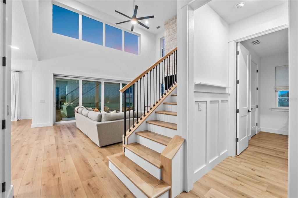 Interior, Recessed Lighting, Stone Walls, Wood Texture Flooring