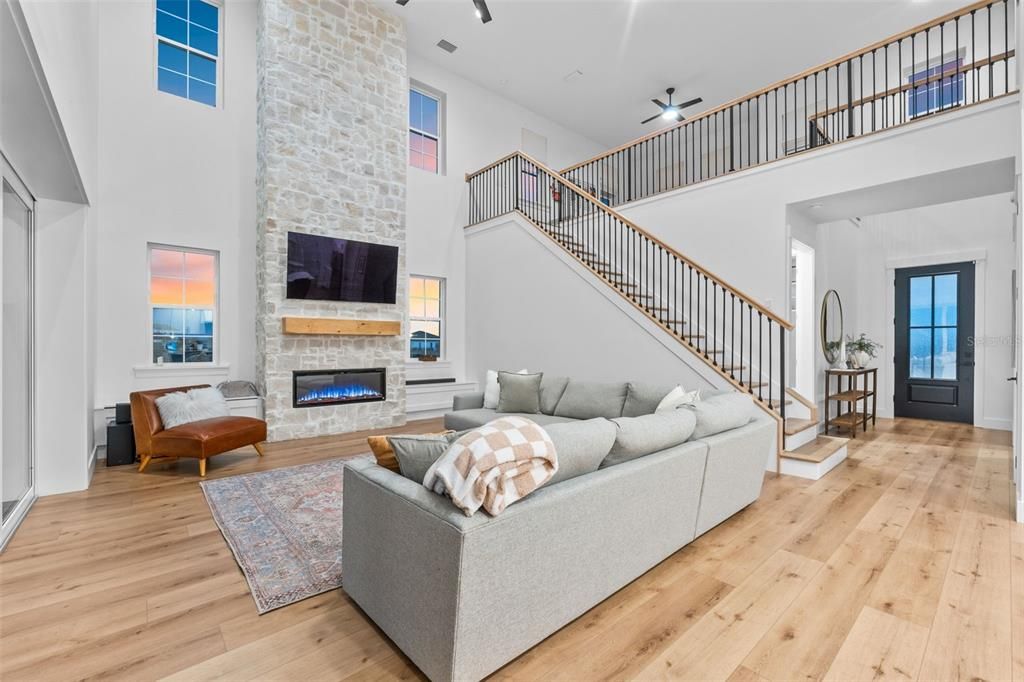 Fireplace, Interior, Living room, Stone Walls, Wood Texture Flooring