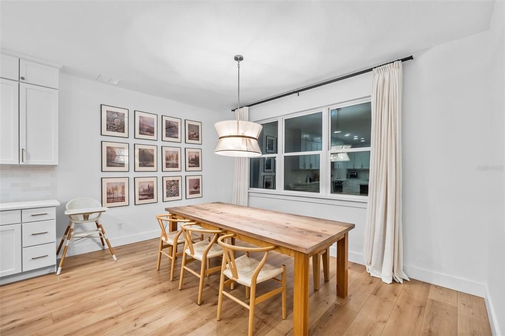 Dining room, Interior, Pendant Lights, Wood Texture Flooring