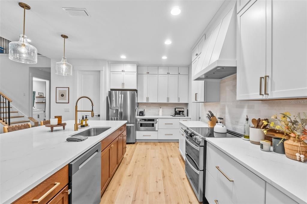Interior, Kitchen, Pendant Lights, Recessed Lighting, Stainless Steel Appliances, Wood Texture Flooring