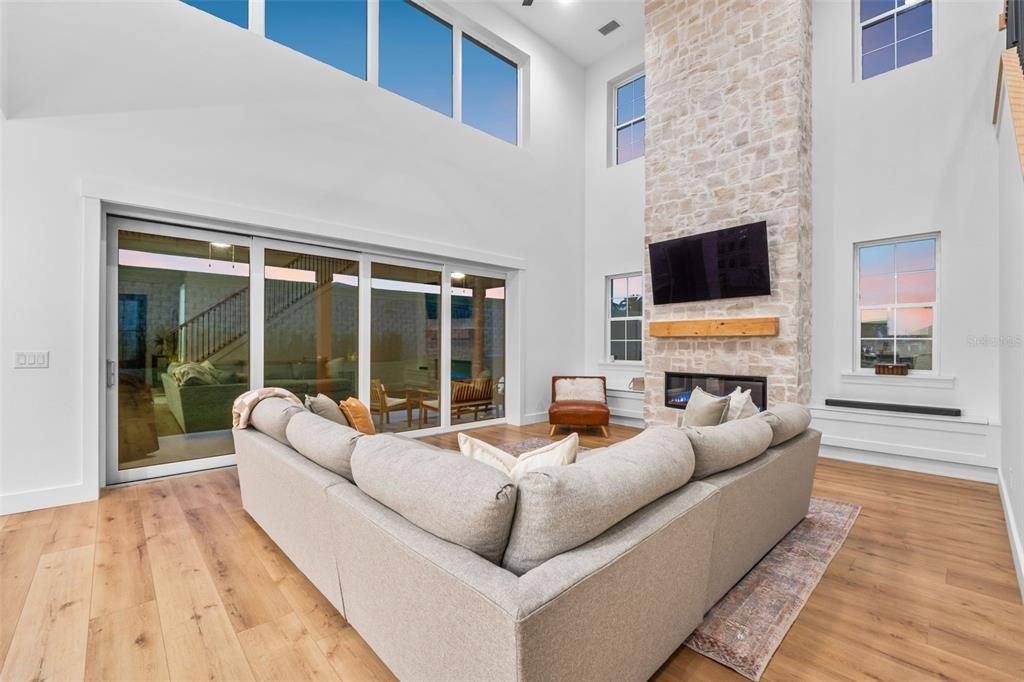 Fireplace, Interior, Living room, Stone Walls, Wood Texture Flooring