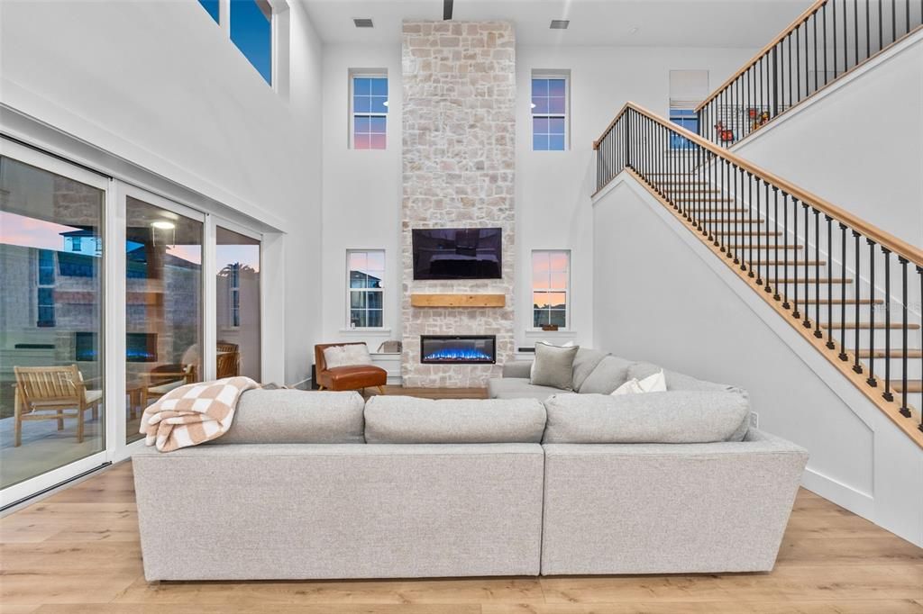 Fireplace, Interior, Living room, Stone Walls, Wood Texture Flooring